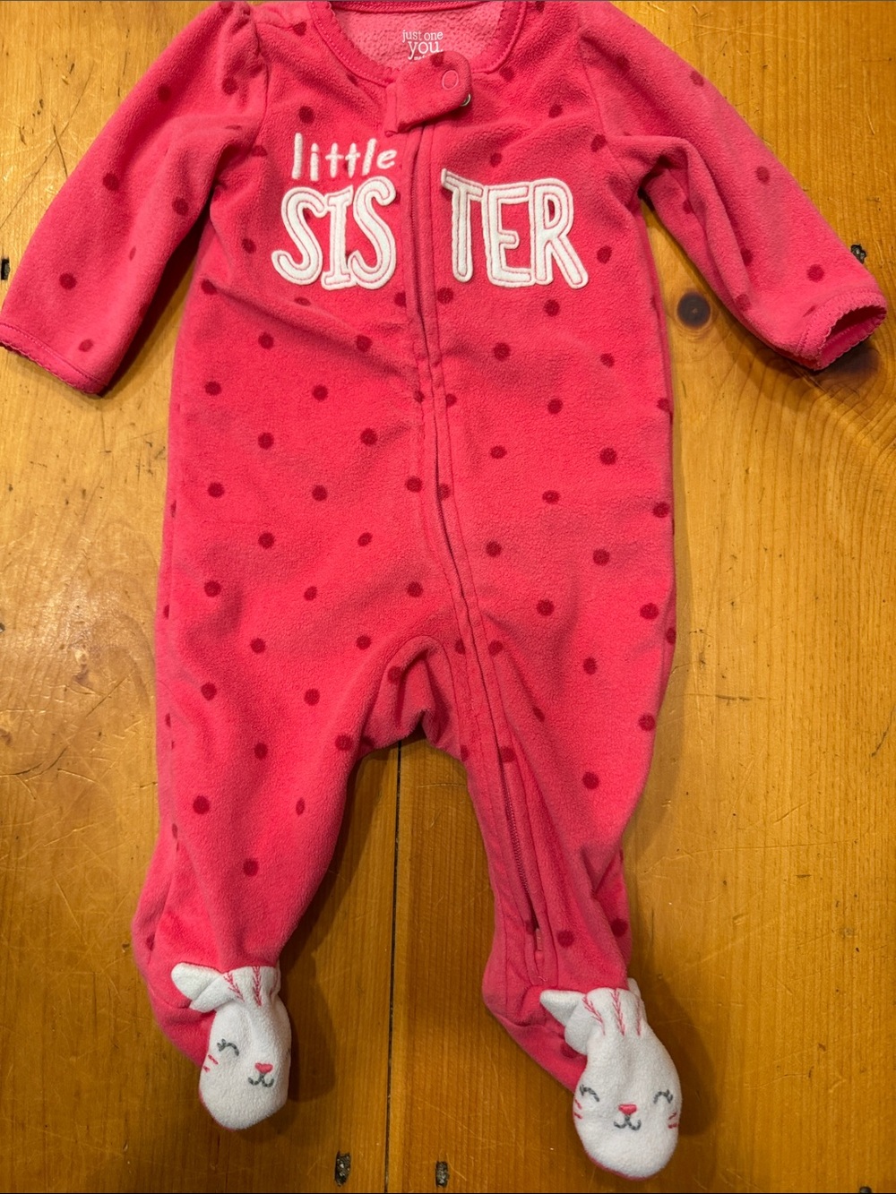 Sleeper Carter's Pink Polka Dot 'Little Sister' Fleece Footed One-Piece 3 mths